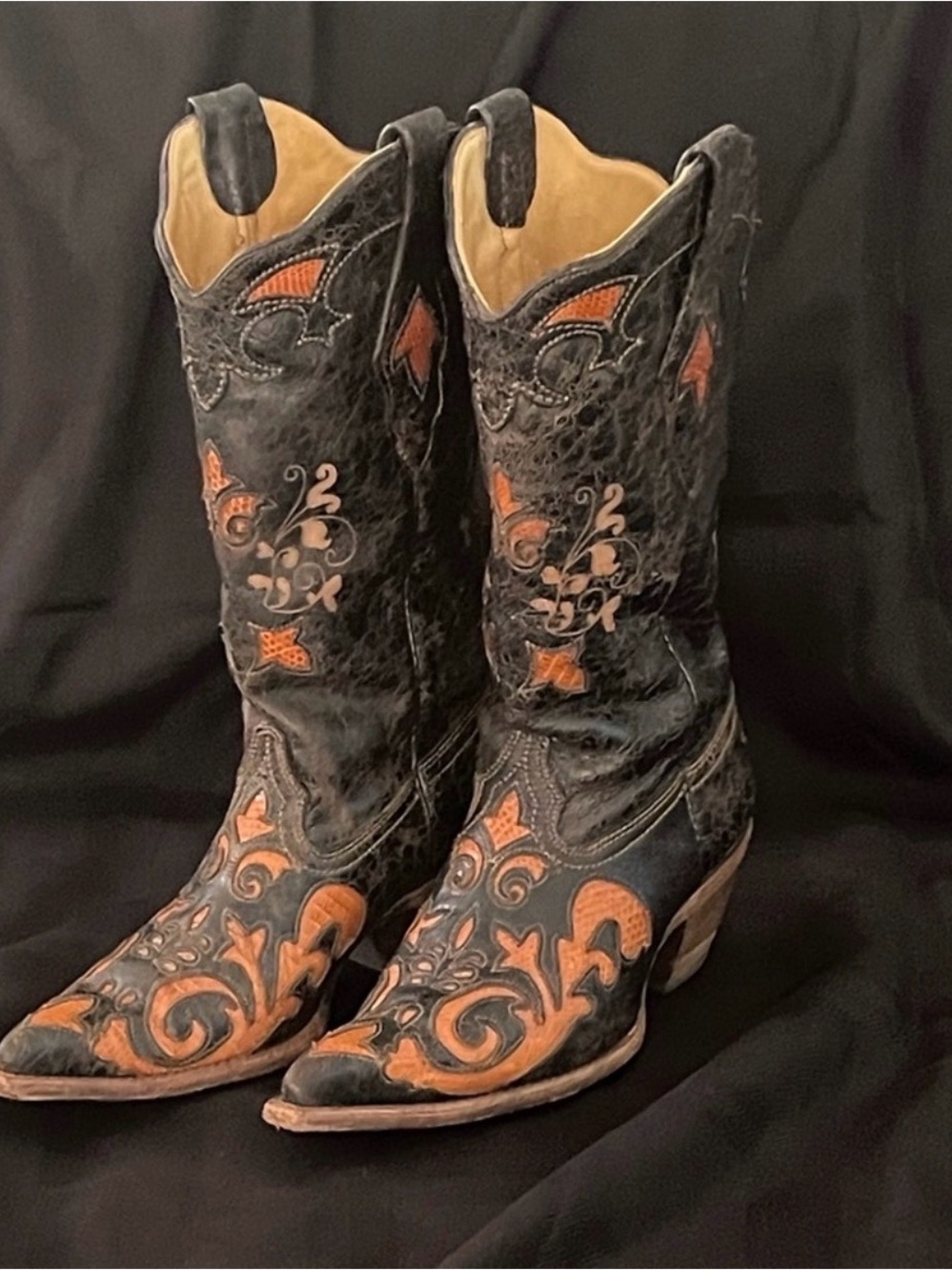 Corral Black and Orange Embroidered Western Lace-Up Boots